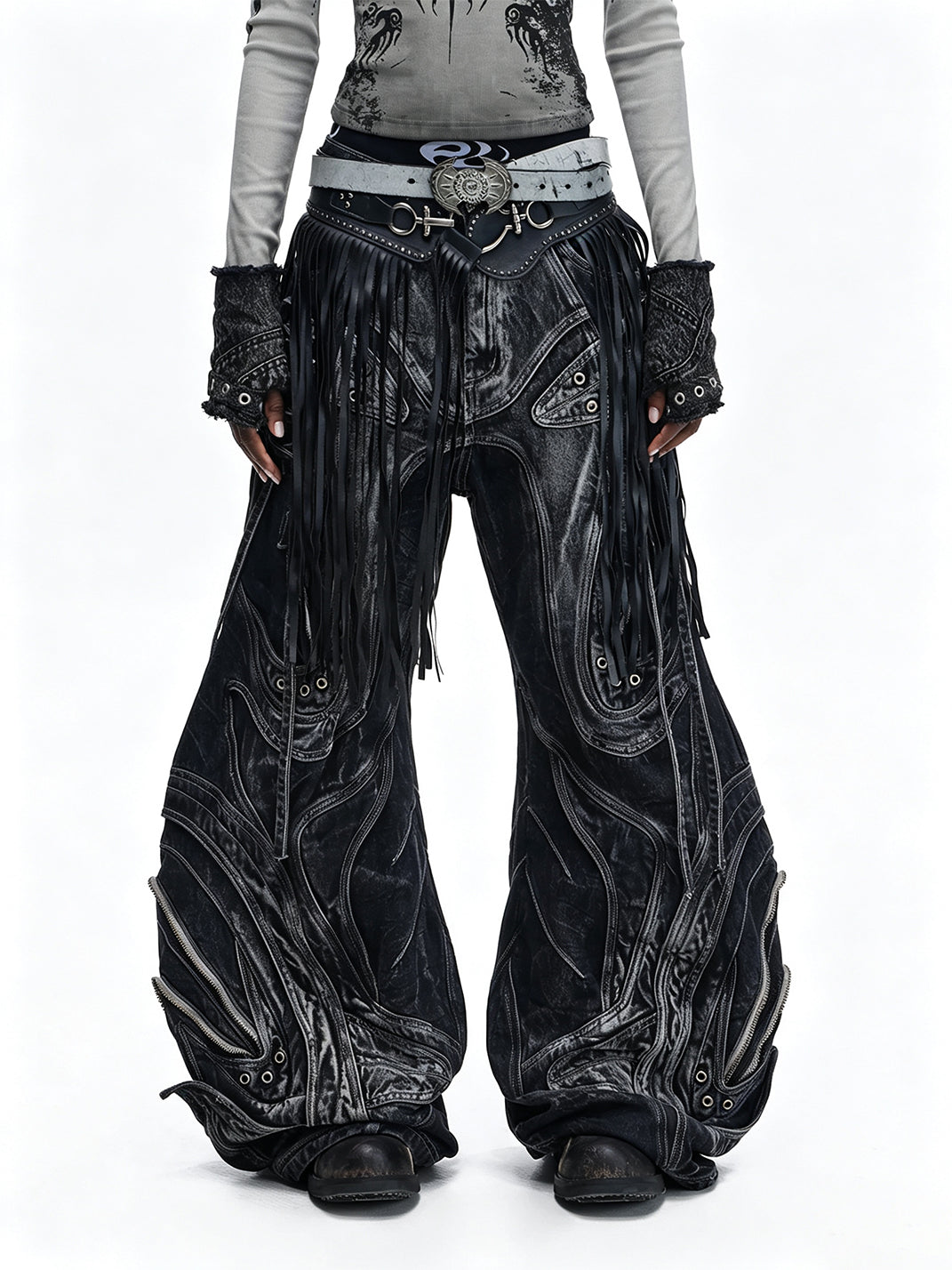 Sculpted Lace Up Patchwork Flare Jeans - view 7