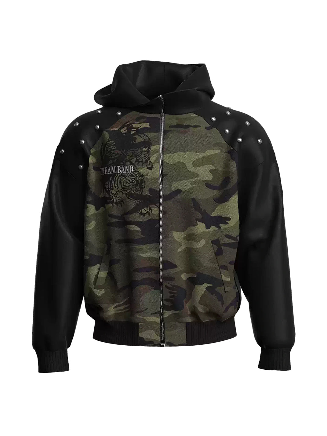 Camo Panel Studded Raglan Hooded Jacket - front view