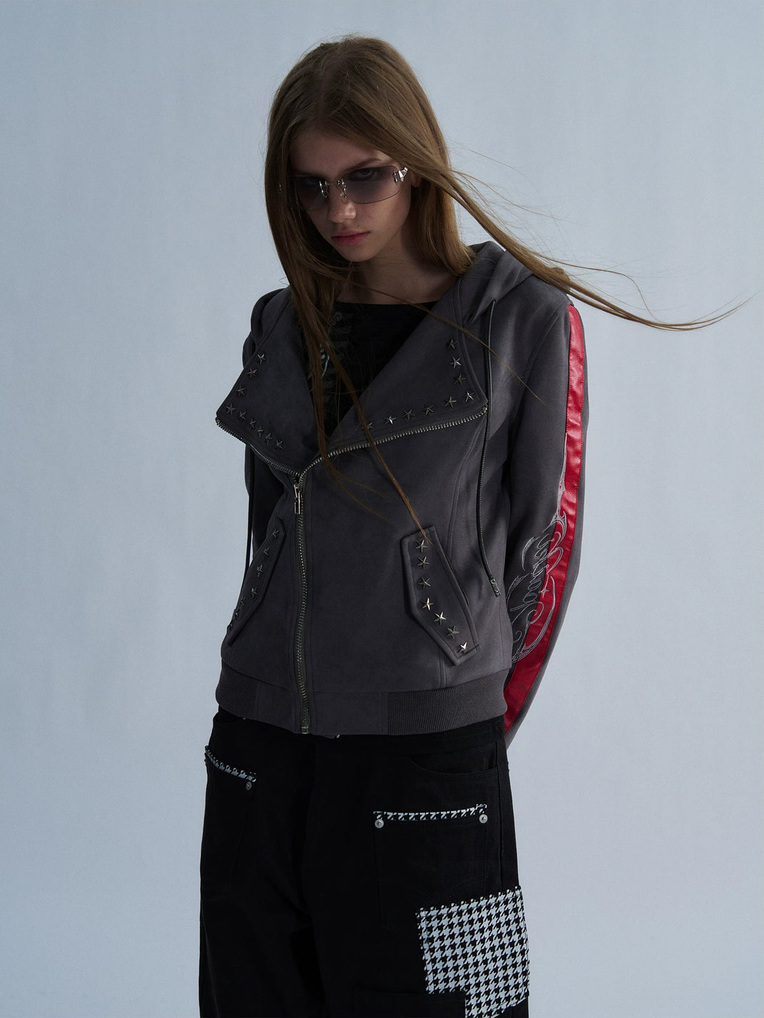 Red Stripe Studded Hooded Biker Jacket - product view 4