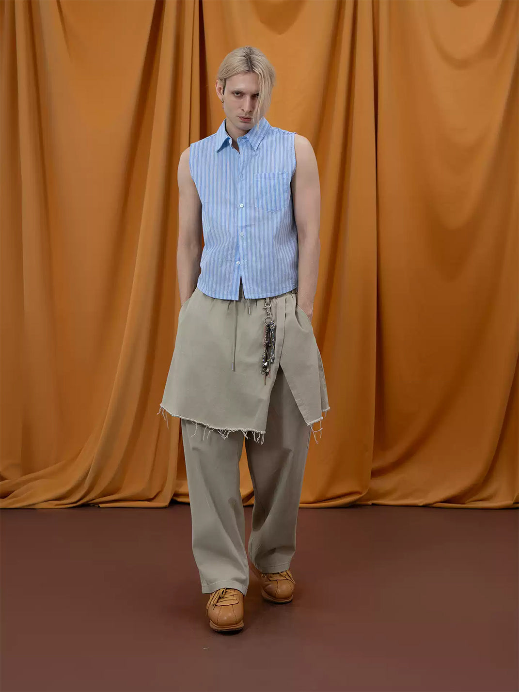 Raw Edge Overlay Cotton Wide Leg Pants - product view 5