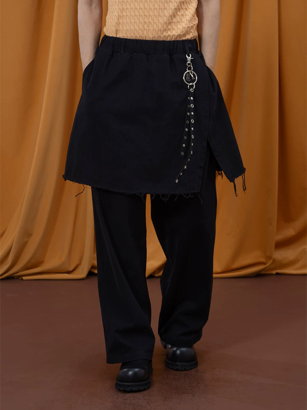 Raw Edge Overlay Cotton Wide Leg Pants - product view 6