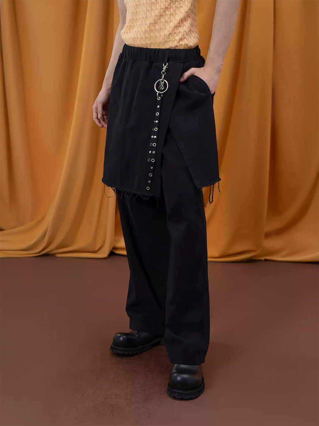 Raw Edge Overlay Cotton Wide Leg Pants - product view 8