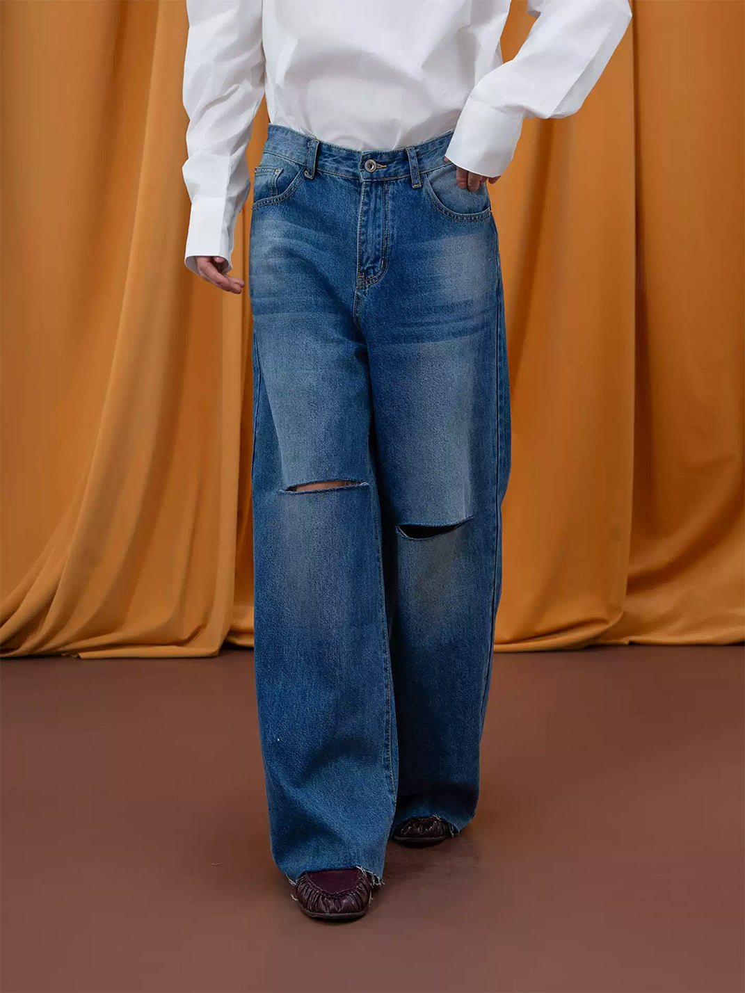 Blue Knee Slit Frayed Hem Wide Jeans - view 2