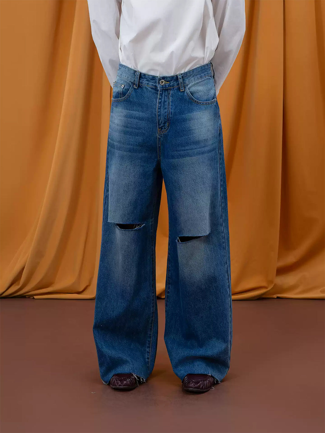 Blue Knee Slit Frayed Hem Wide Jeans - view 4
