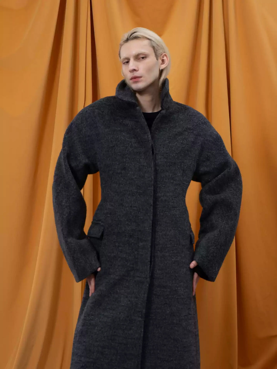 Textured Cocoon Button Front Long Coat - product view 2