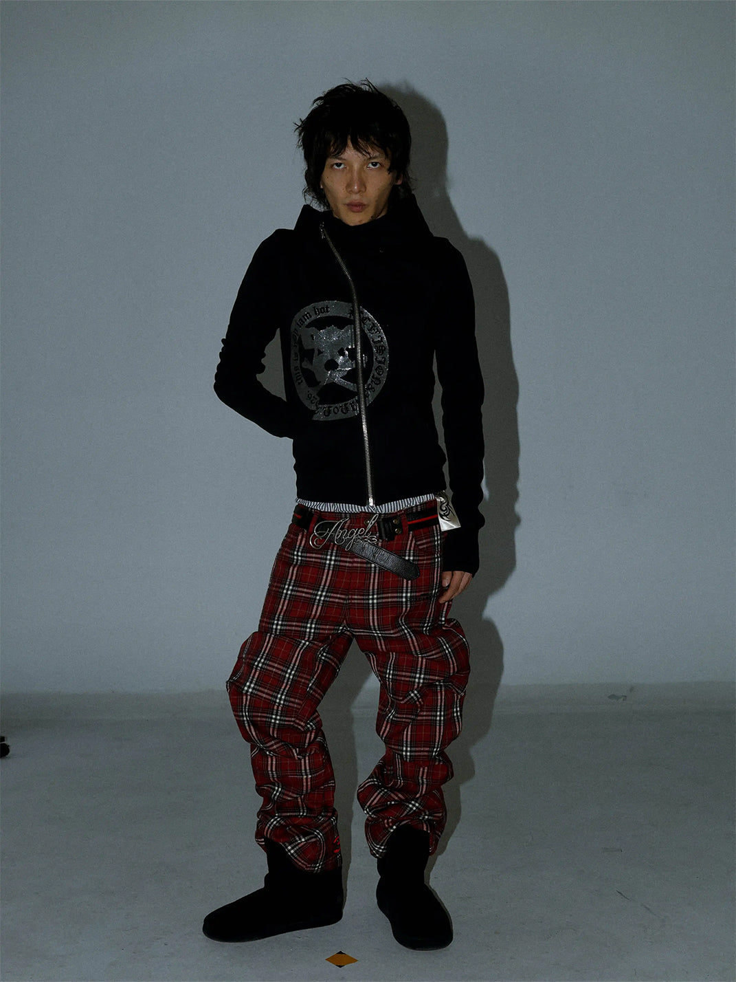 Knee Pleat Embroidered Plaid Wide Leg Trousers - product view 2