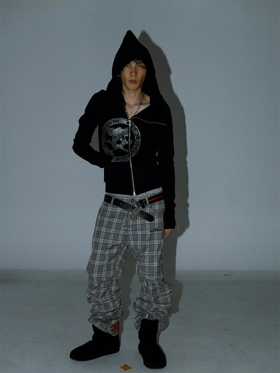 Knee Pleat Embroidered Plaid Wide Leg Trousers - product view 6