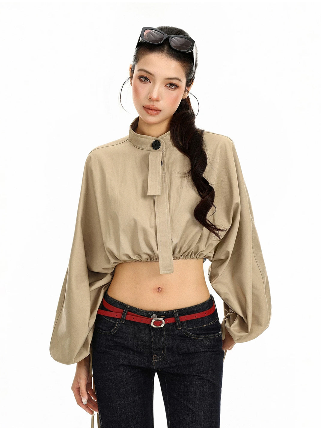 Balloon-Sleeve Drawcord Cropped Jacket - view 2