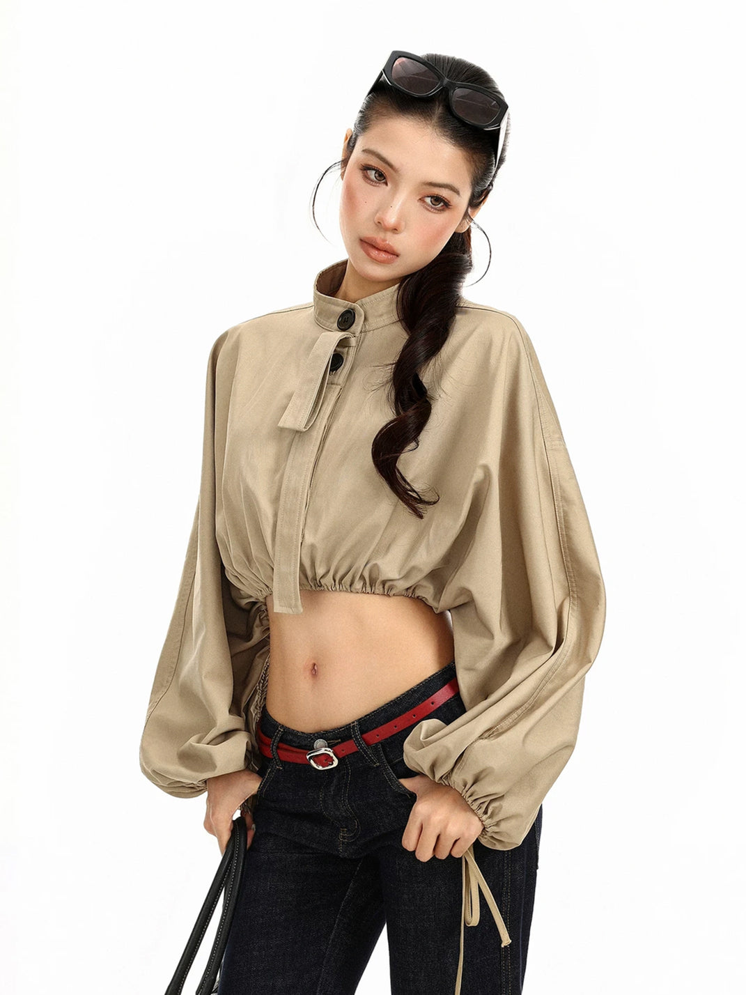 Balloon-Sleeve Drawcord Cropped Jacket - view 3