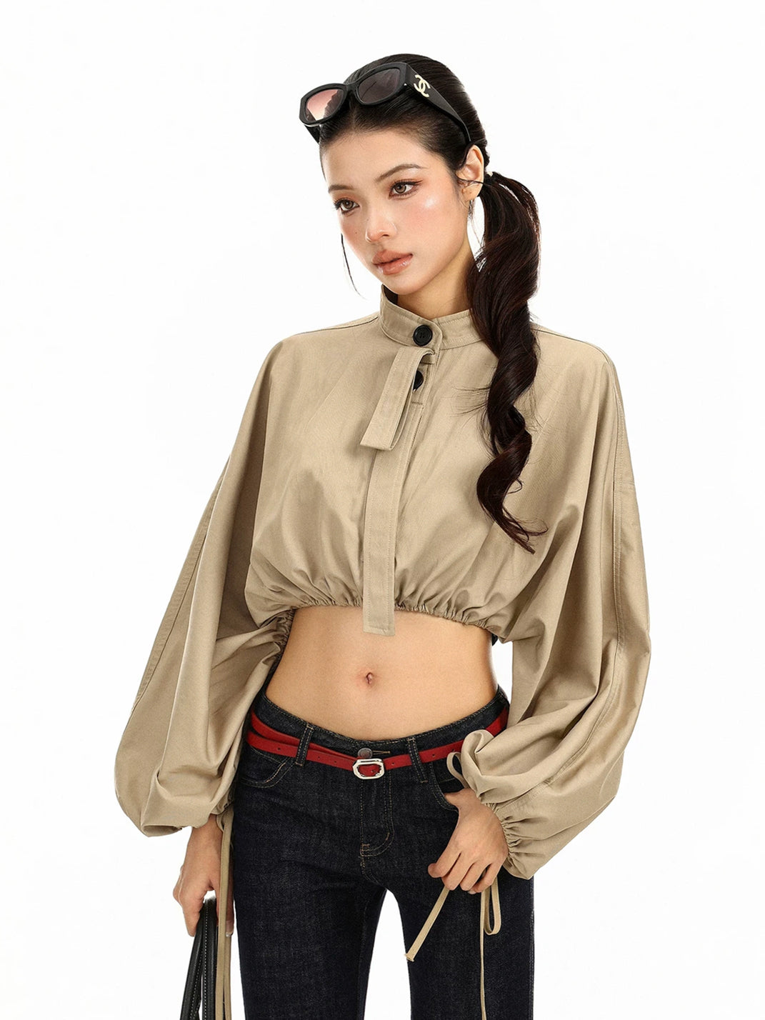 Balloon-Sleeve Drawcord Cropped Jacket - view 4