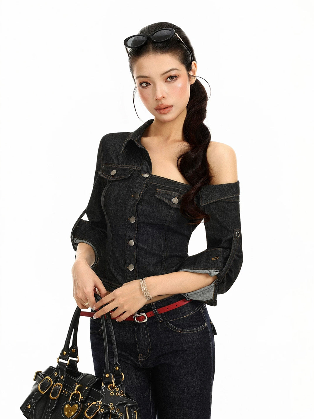 Asymmetric Neckline Cropped Denim Jacket - view 3