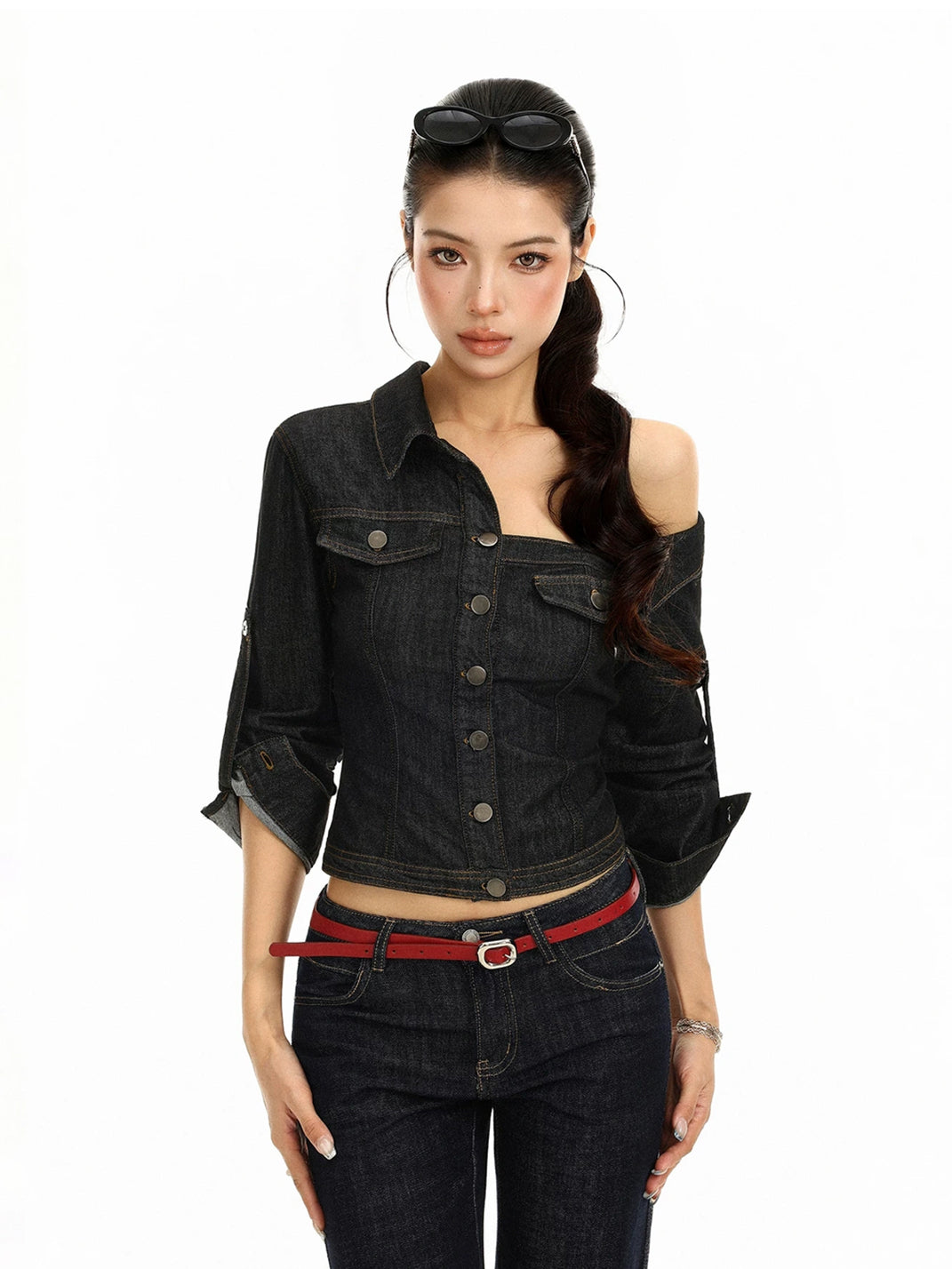 Asymmetric Neckline Cropped Denim Jacket - view 6