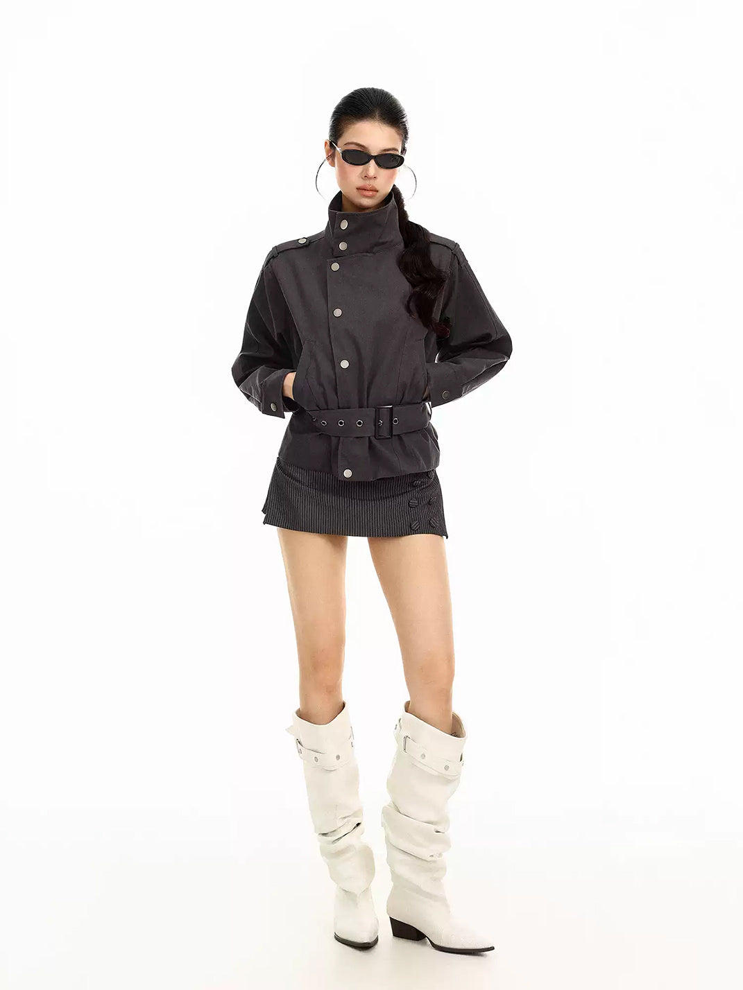 Eyelet-Belt Asymmetric Cotton Jacket - view 5