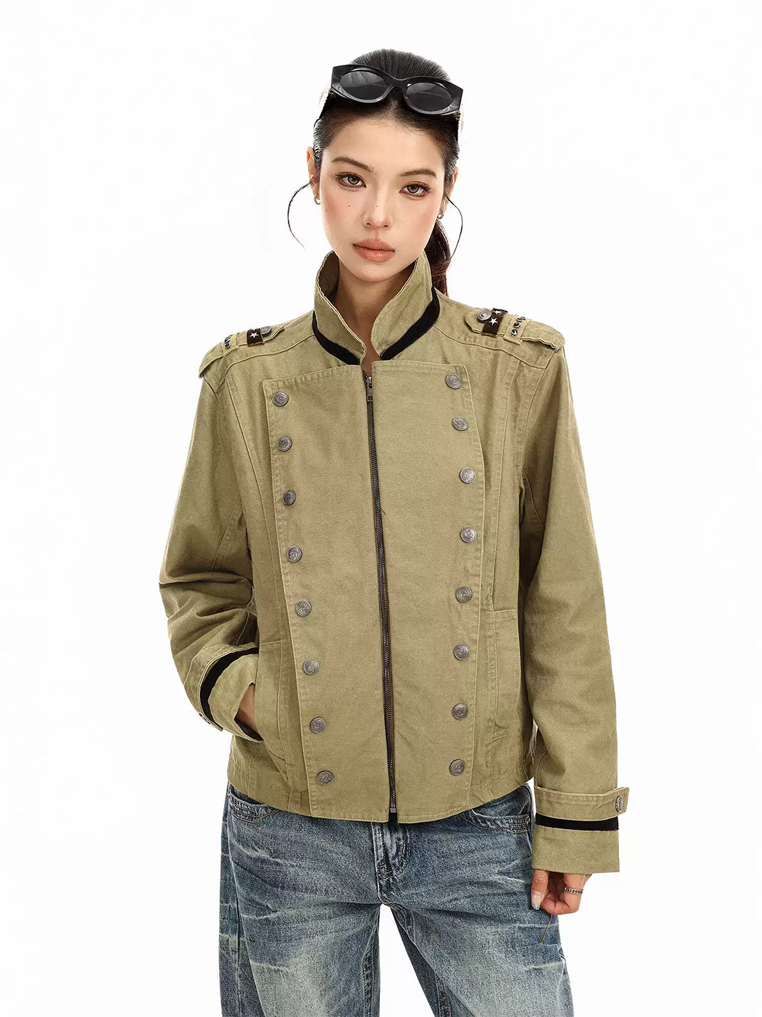 Contrast-Trim Double-Button Military Jacket - view 2