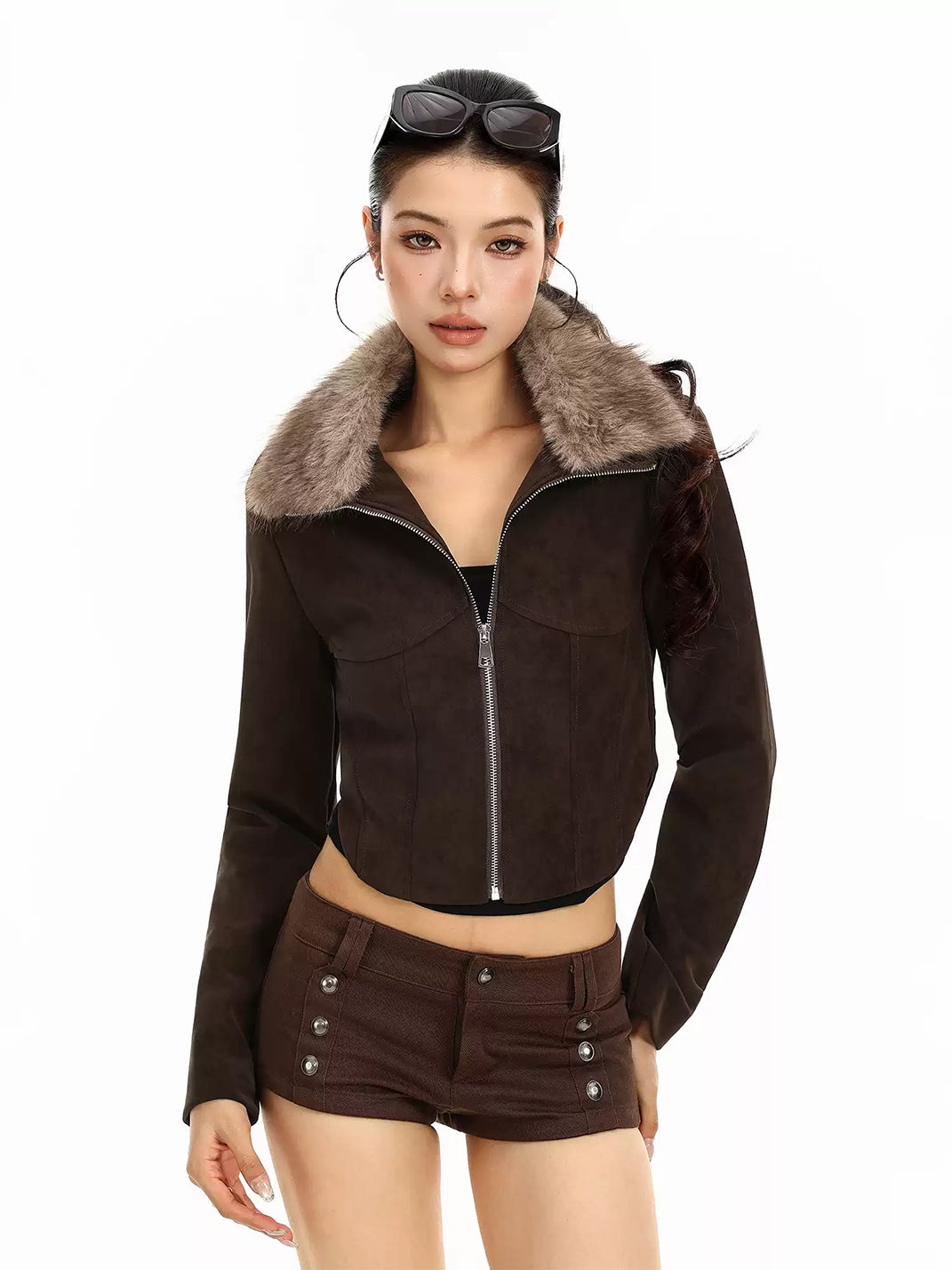 Plush-Collar Brown Cropped Jacket - view 3