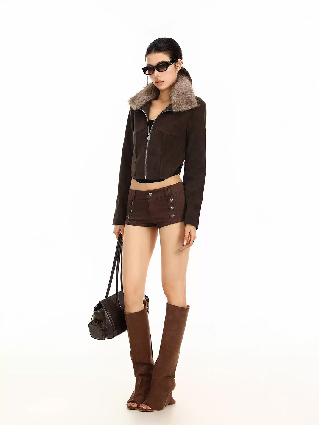 Plush-Collar Brown Cropped Jacket - view 6