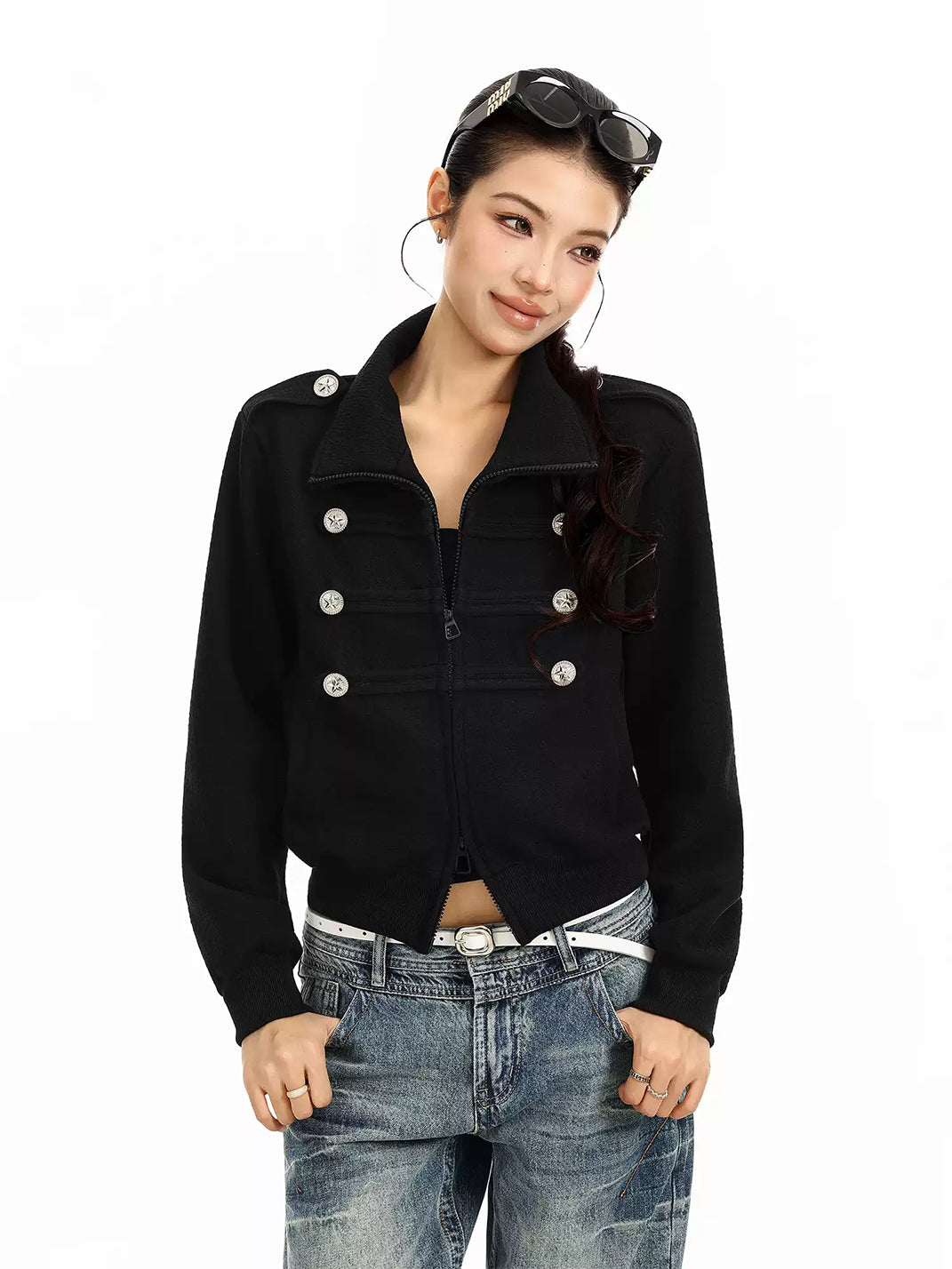 Decorative-Button Cropped Zip Jacket - view 1