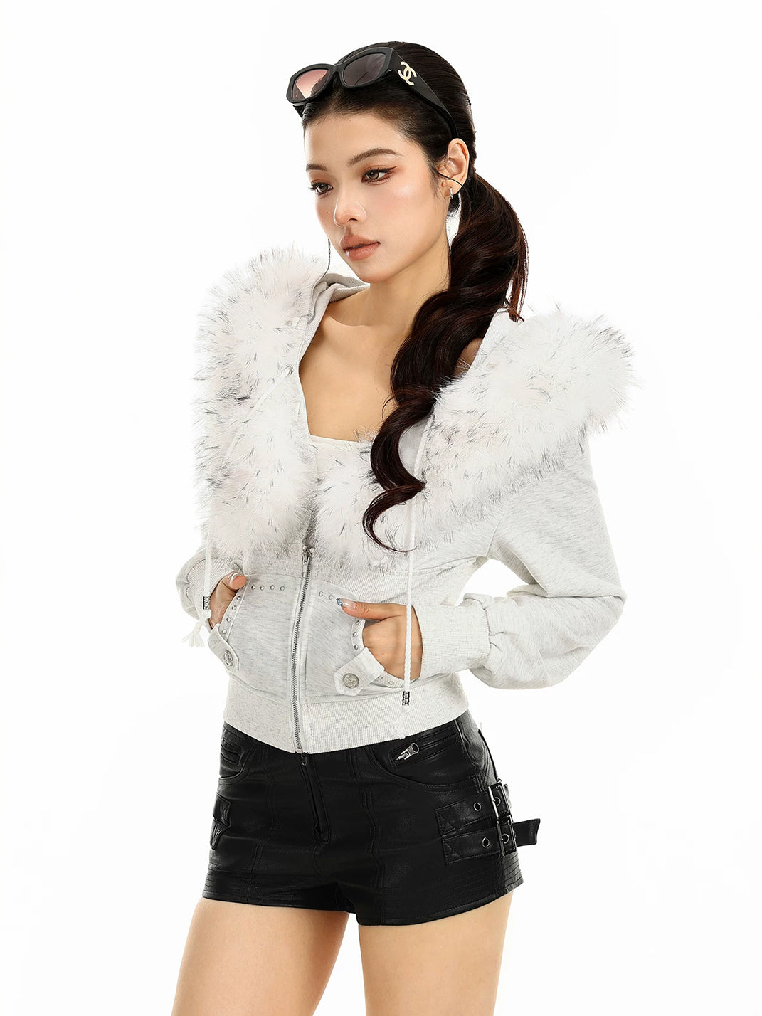 Hardware-Detail Cropped Trimmed Zip Hoodie - view 3