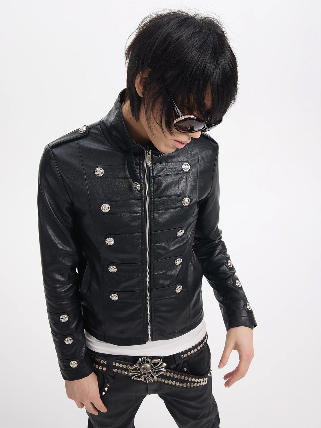 Silver-Button Cropped Military Zip Jacket - view 2