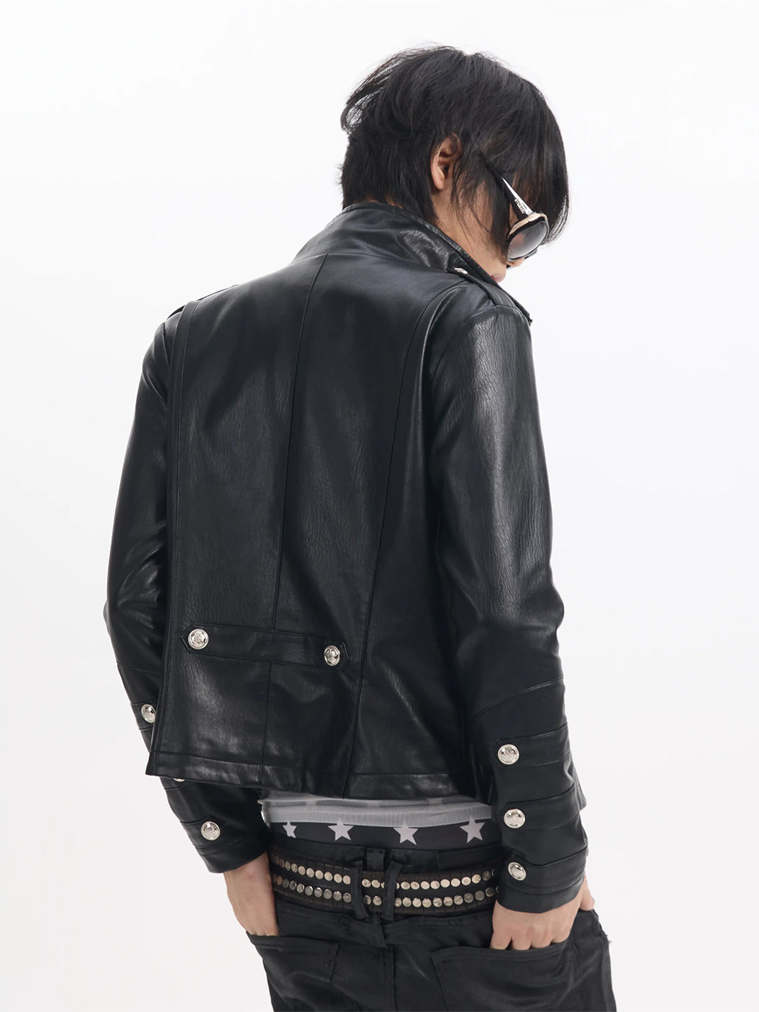 Silver-Button Cropped Military Zip Jacket - view 3