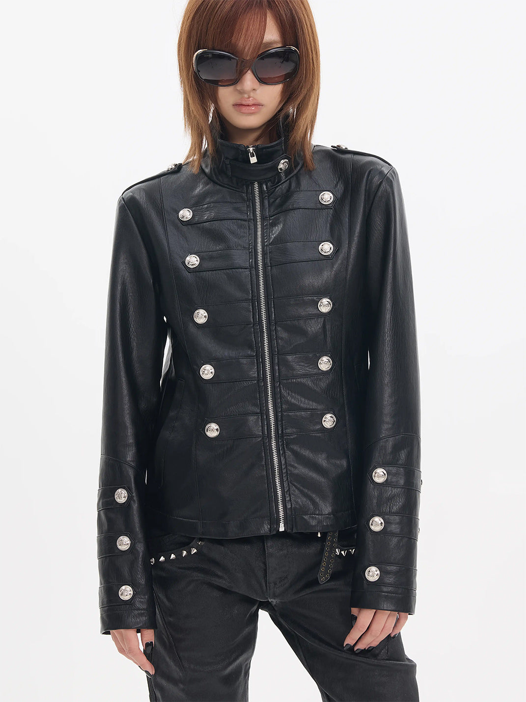 Silver-Button Cropped Military Zip Jacket - view 4