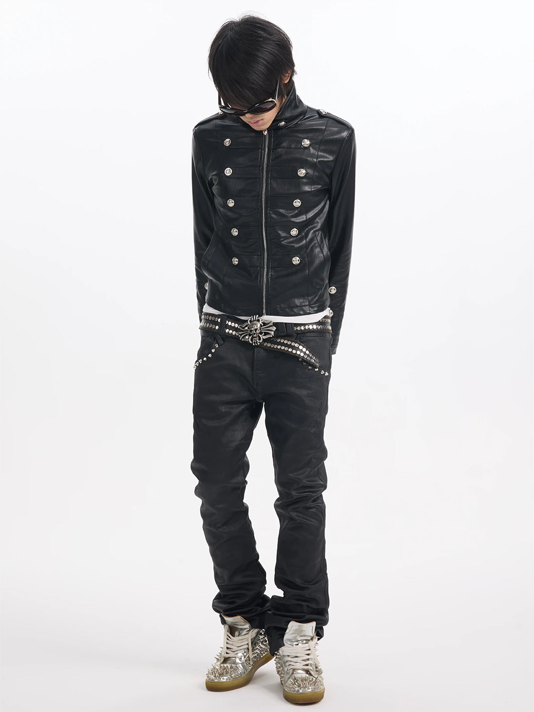 Silver-Button Cropped Military Zip Jacket - view 7