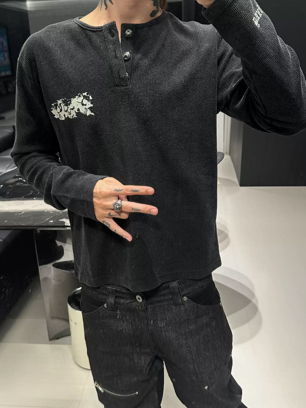 Washed Skull Graphic Waffle Henley Shirt - view 2