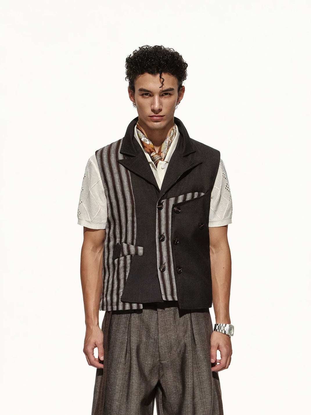 Asymmetric Stripe Double Breasted Lapel Vest - product view 2