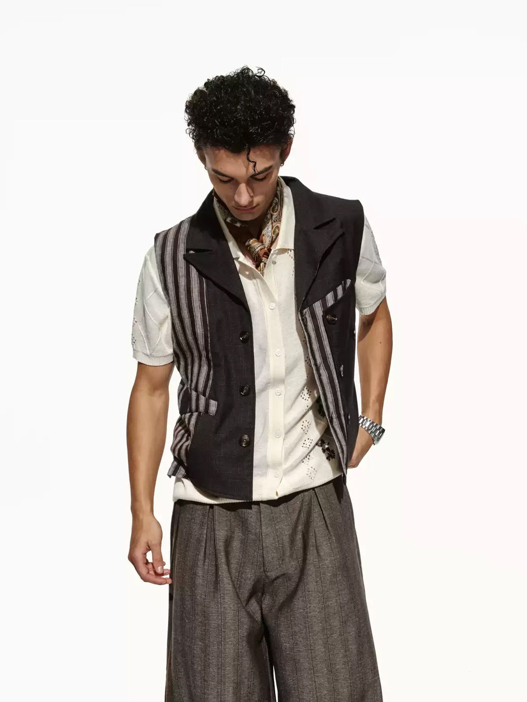 Asymmetric Stripe Double Breasted Lapel Vest - product view 3