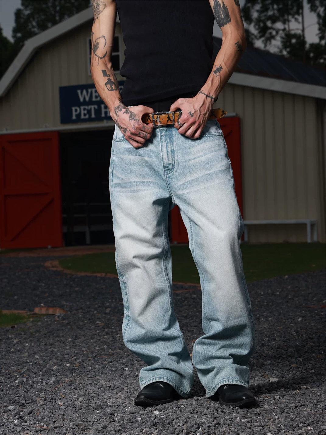 Whisker Wash Relaxed Micro Flare Jeans - product view 2