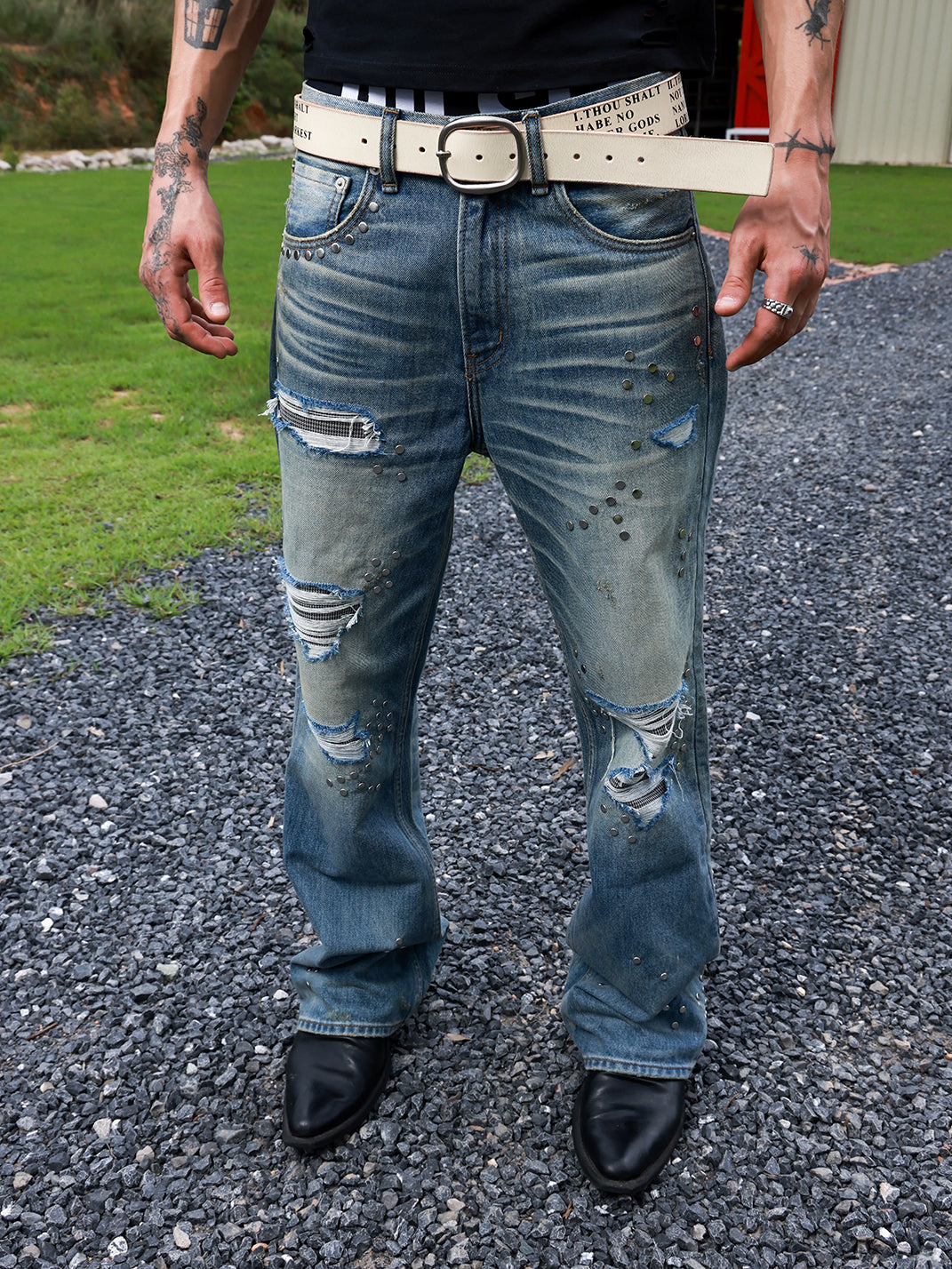 Houndstooth Patch Studded Micro Flare Jeans - product view 1