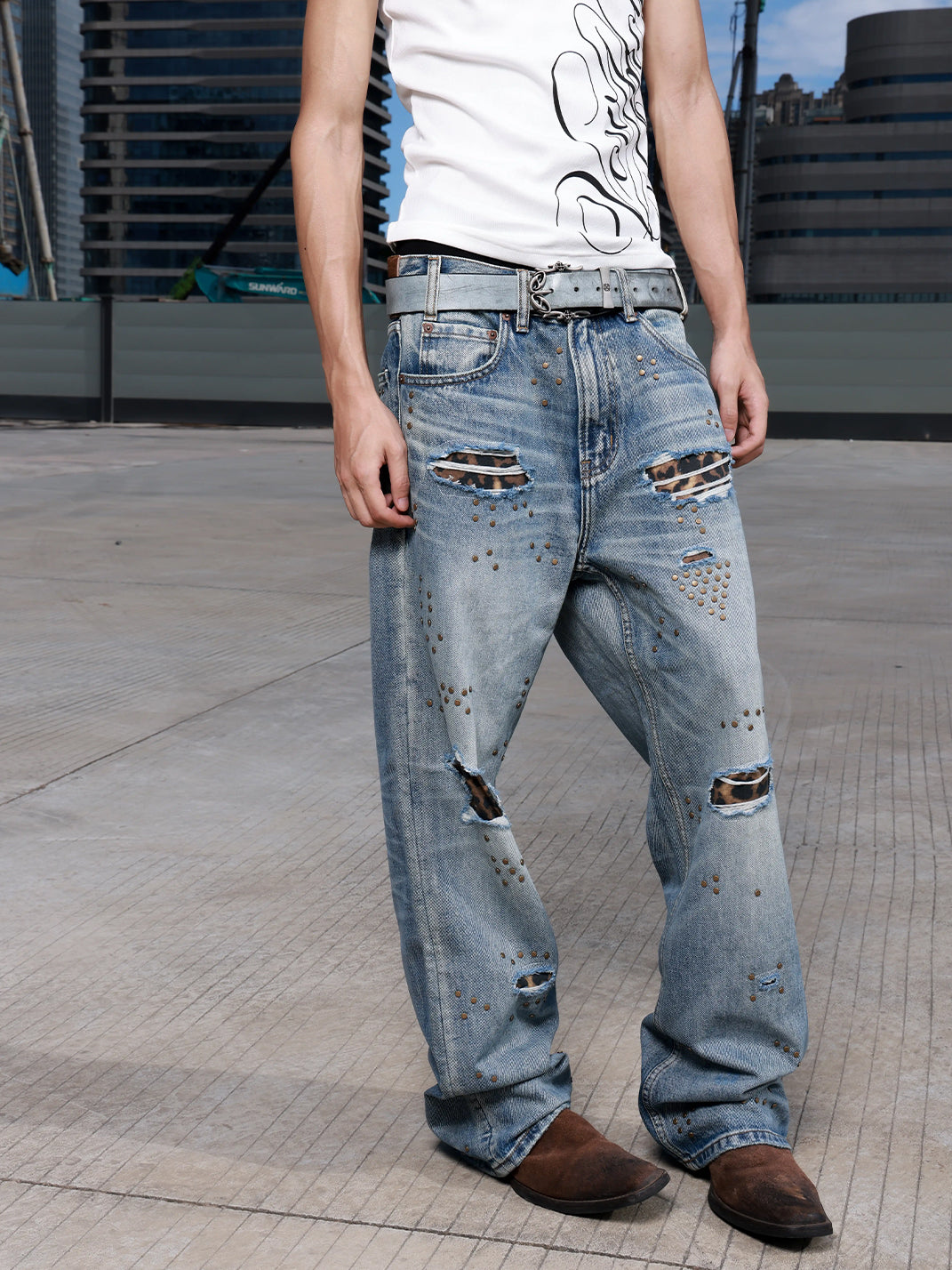 Leopard Patch Studded Straight Leg Jeans - product view 2