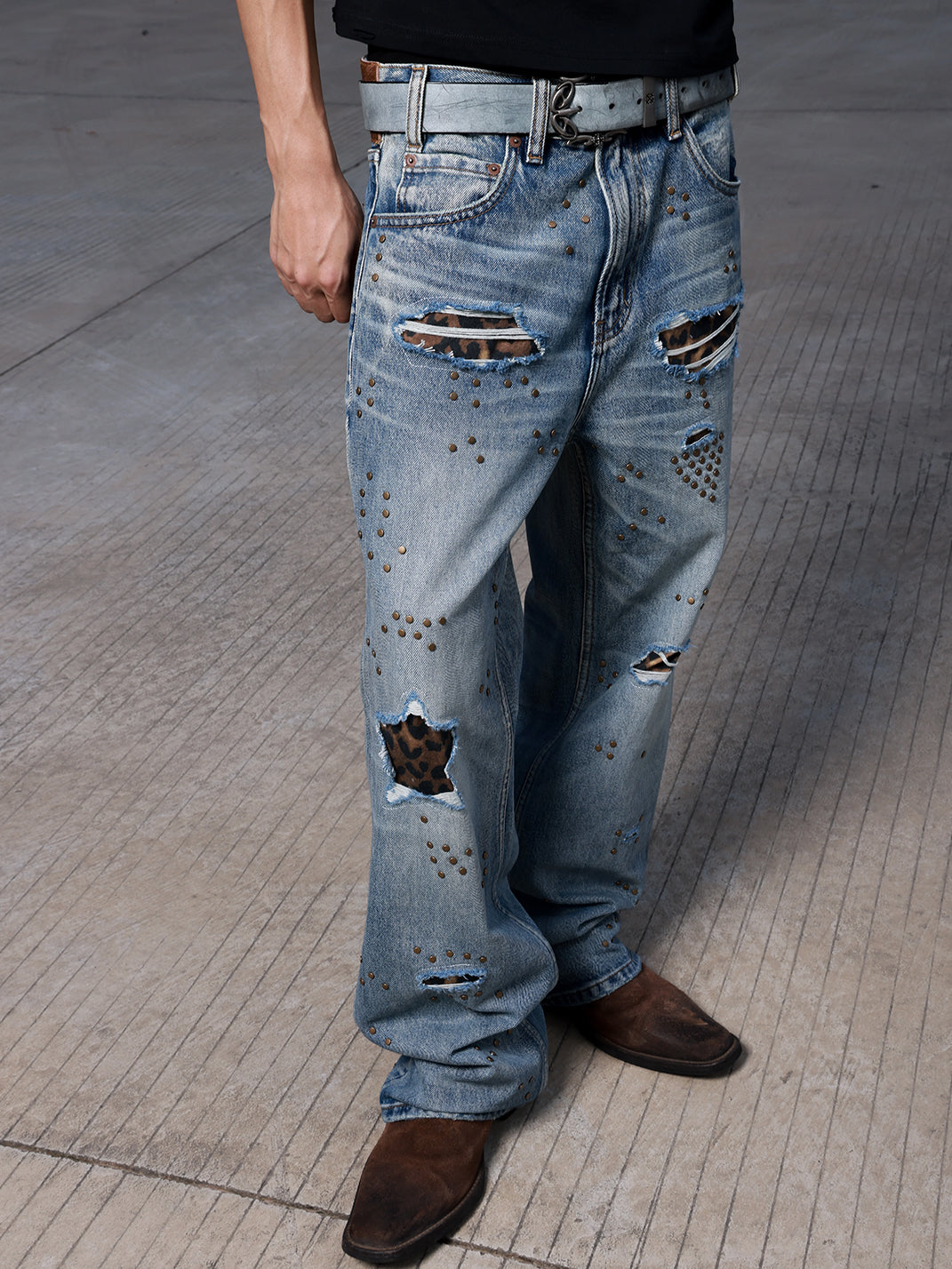 Leopard Patch Studded Straight Leg Jeans - product view 3