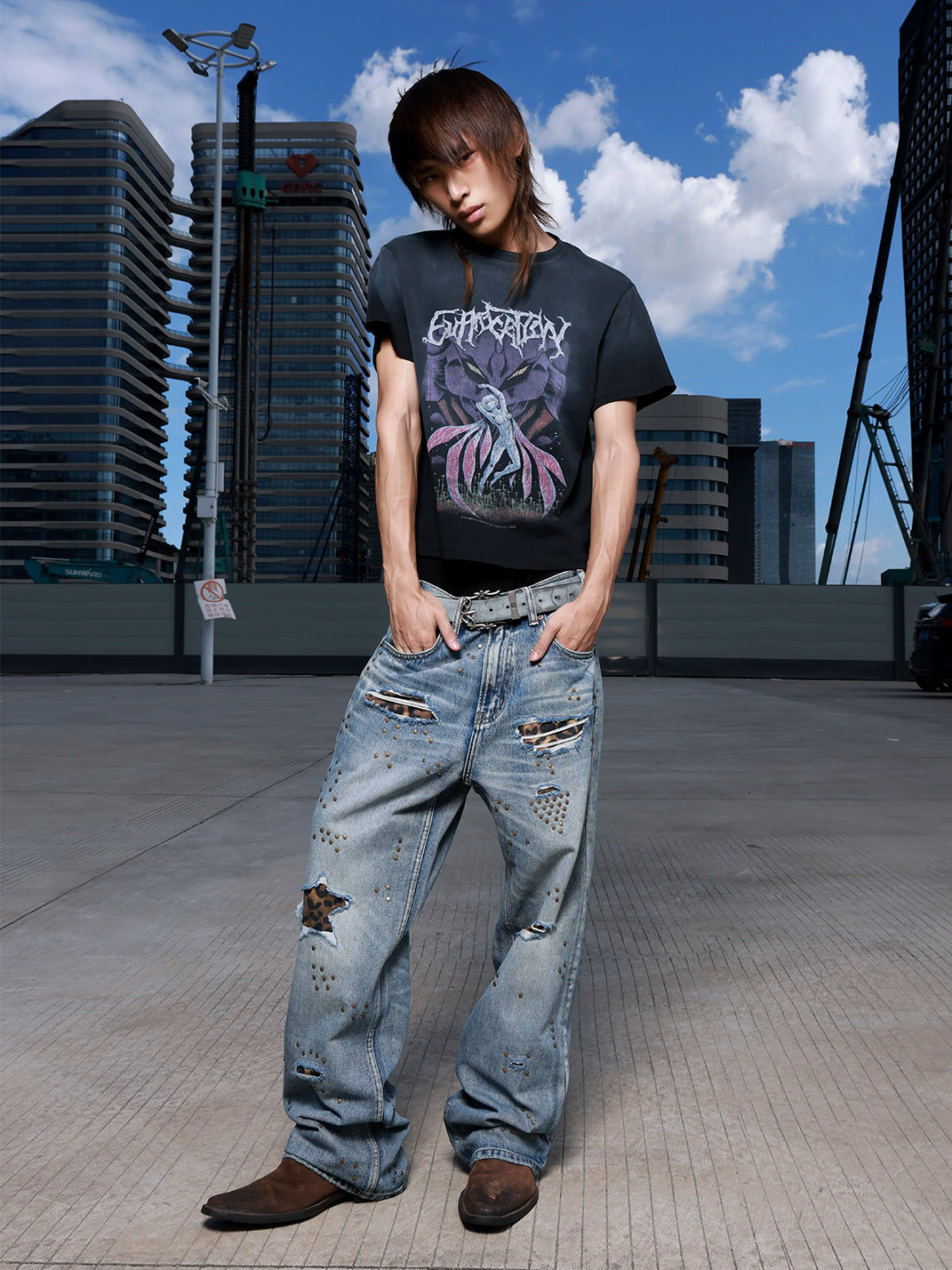 Leopard Patch Studded Straight Leg Jeans - product view 4