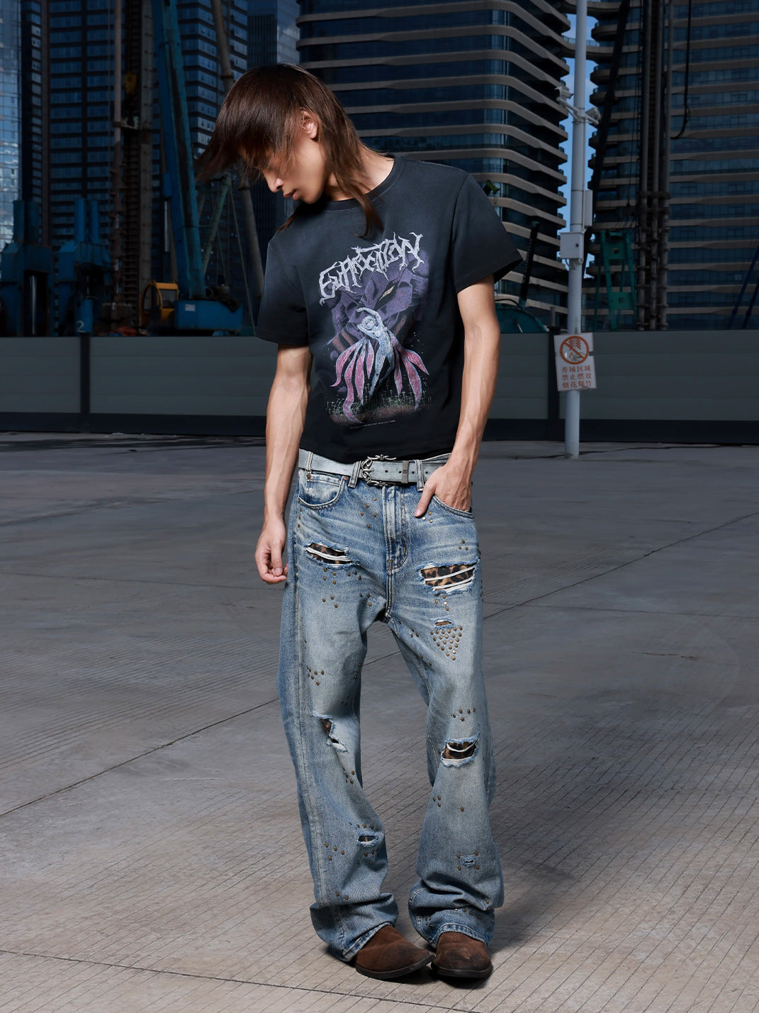 Leopard Patch Studded Straight Leg Jeans - product view 5