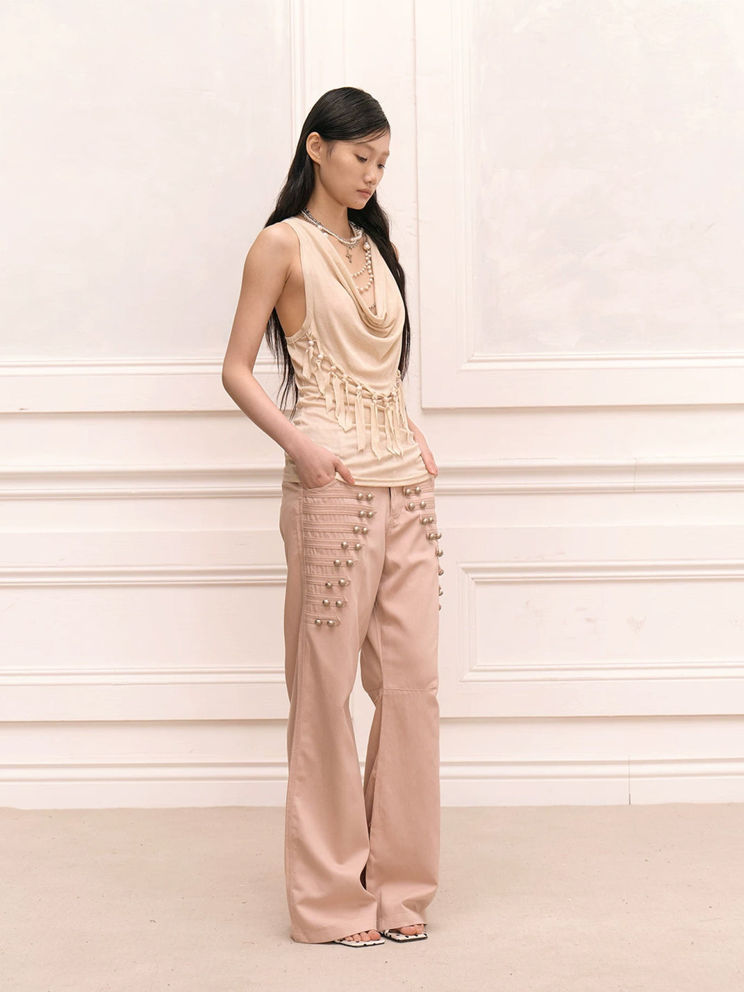 Oat Beige Metal Button Wide Leg Trousers - product view 3