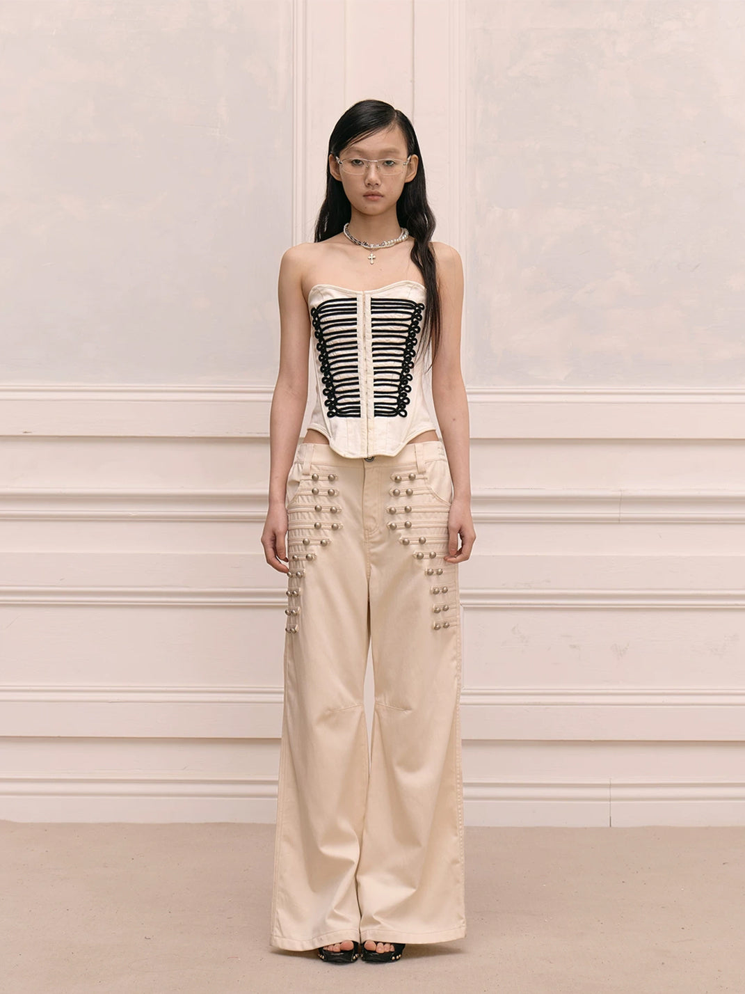 Oat Beige Metal Button Wide Leg Trousers - product view 5