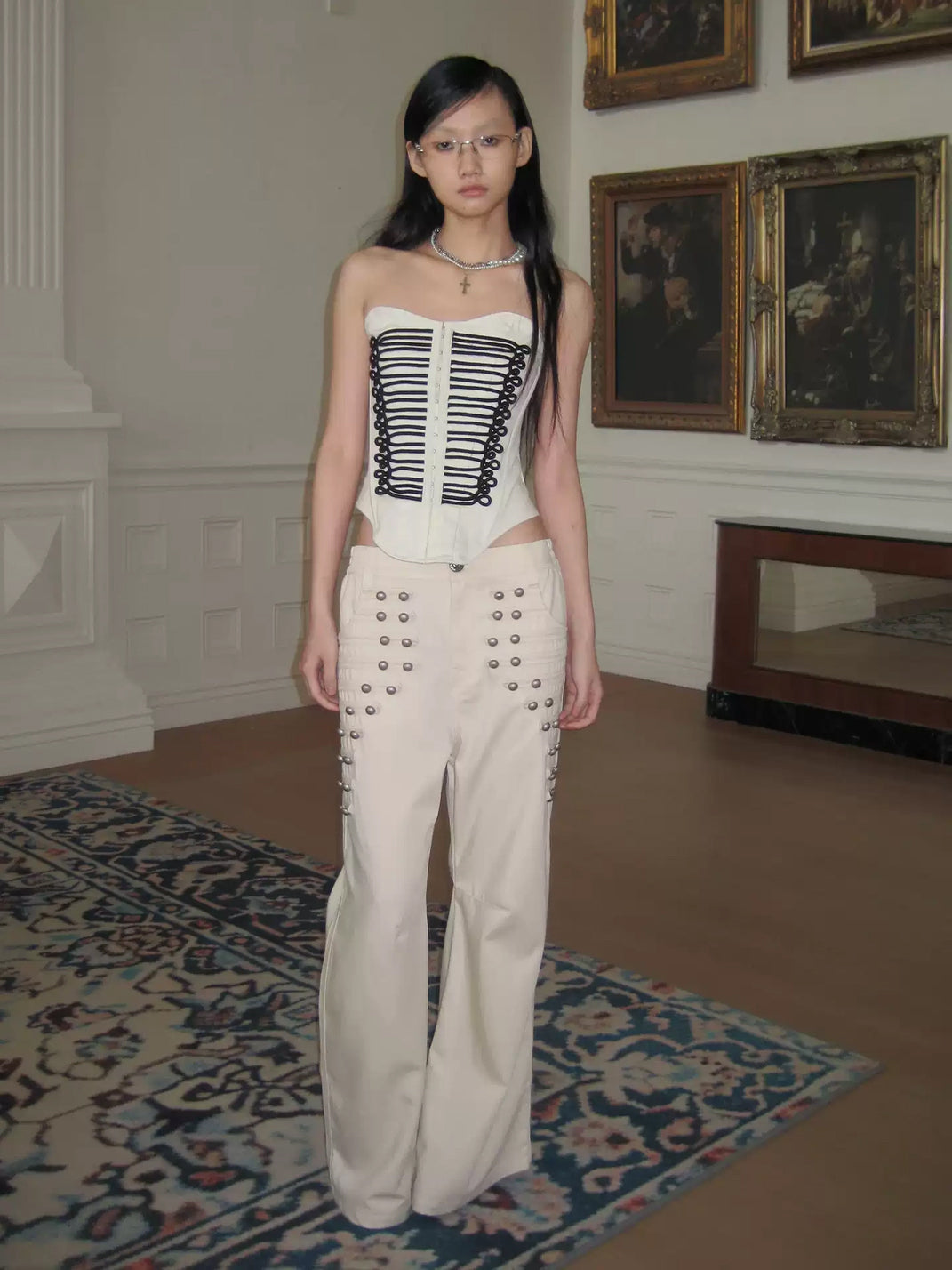 Oat Beige Metal Button Wide Leg Trousers - product view 8