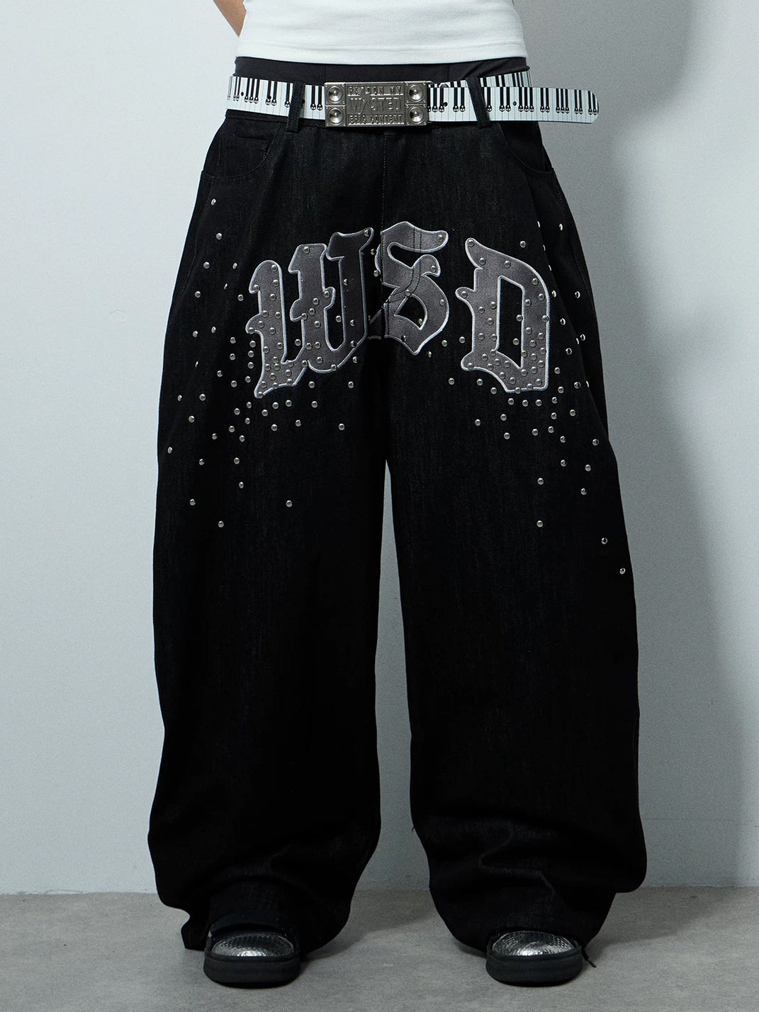 Embroidered Black Studded Wide Leg Jeans - product view 1