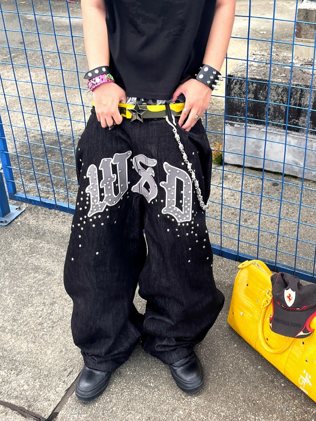 Embroidered Black Studded Wide Leg Jeans - product view 3