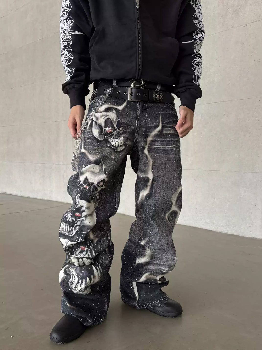 Rhinestone Skull Lightning Print Flare Jeans - product view 2