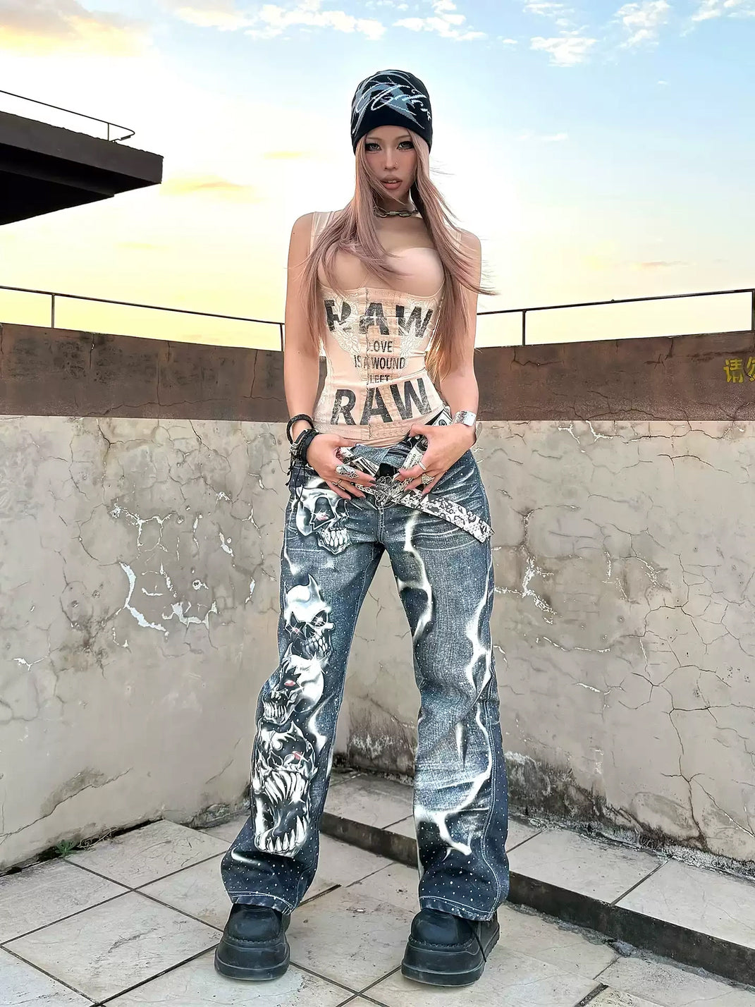 Rhinestone Skull Lightning Print Flare Jeans - product view 4