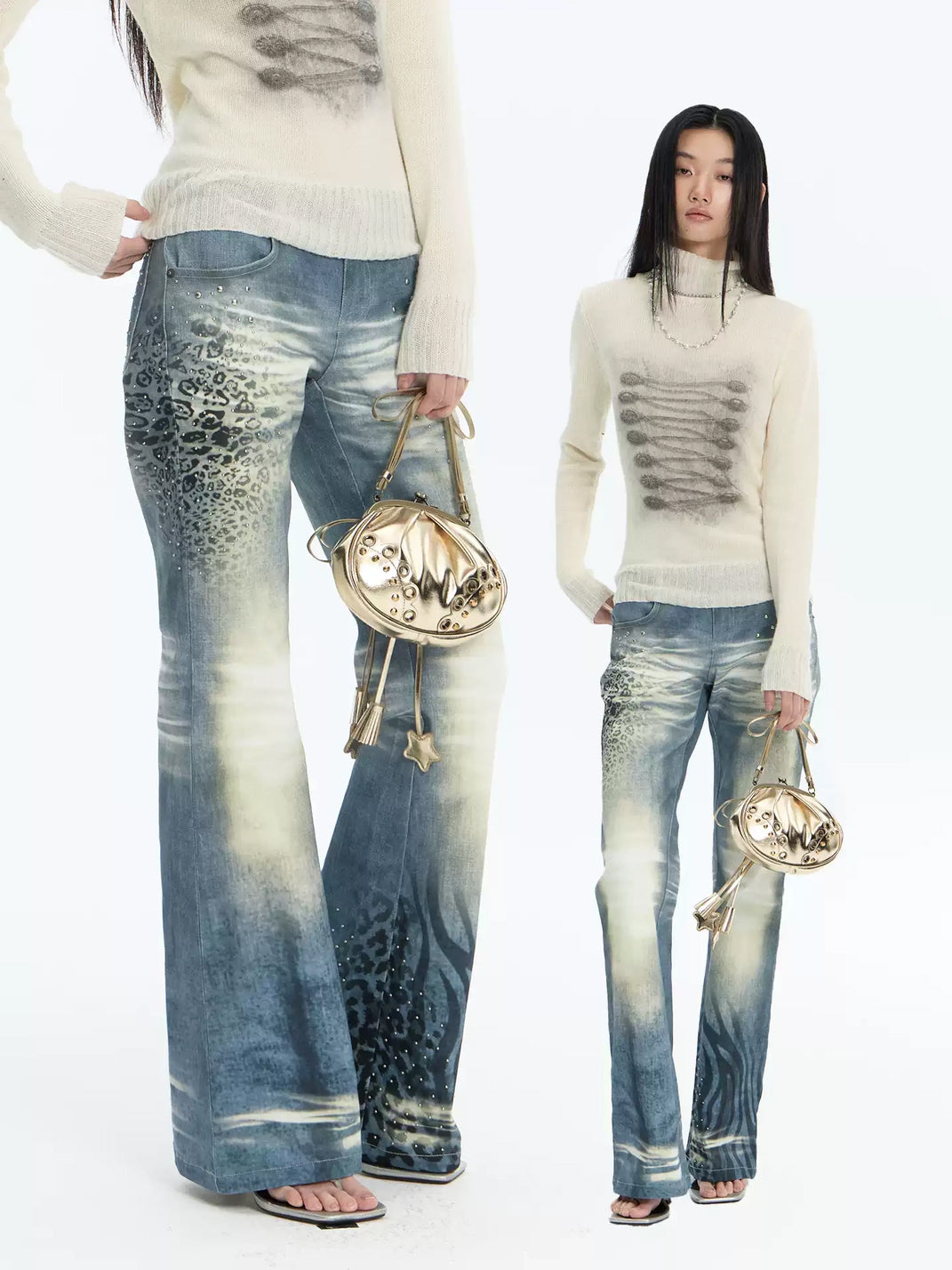 Animal Print Rhinestone Washed Flare Jeans - product view 2