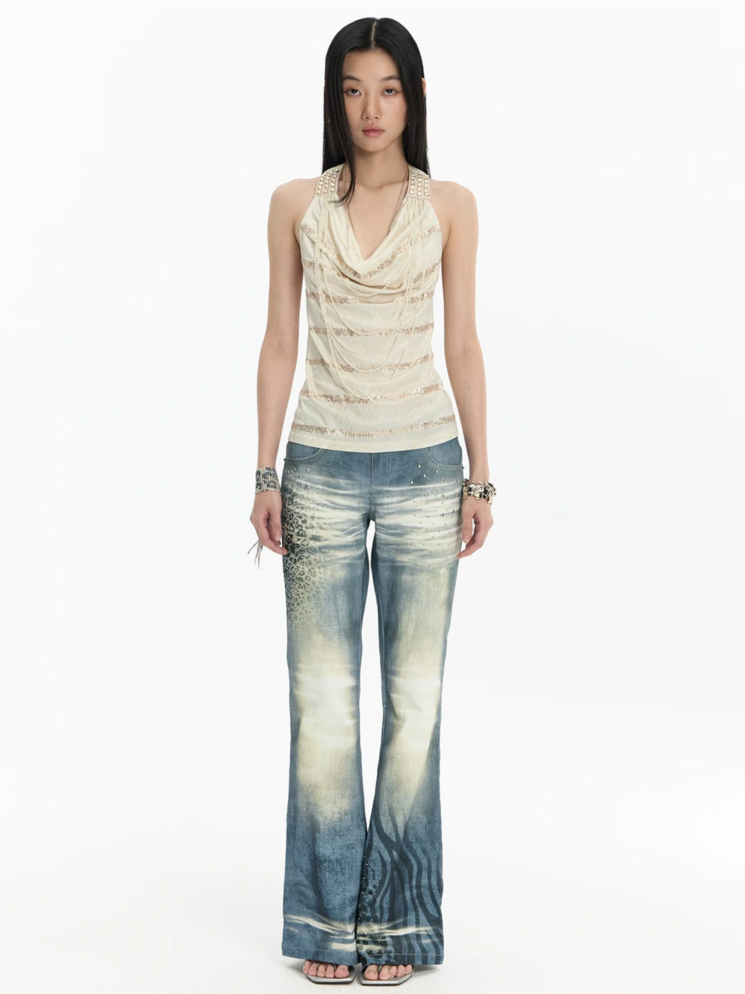 Animal Print Rhinestone Washed Flare Jeans - product view 3