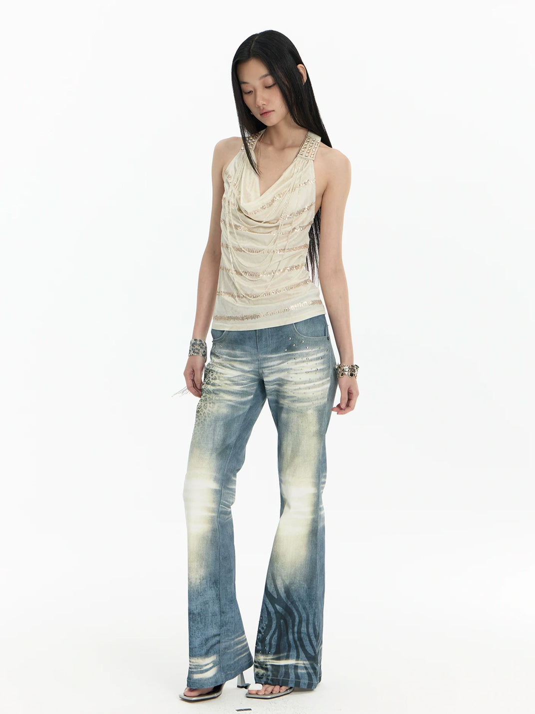 Animal Print Rhinestone Washed Flare Jeans - product view 4
