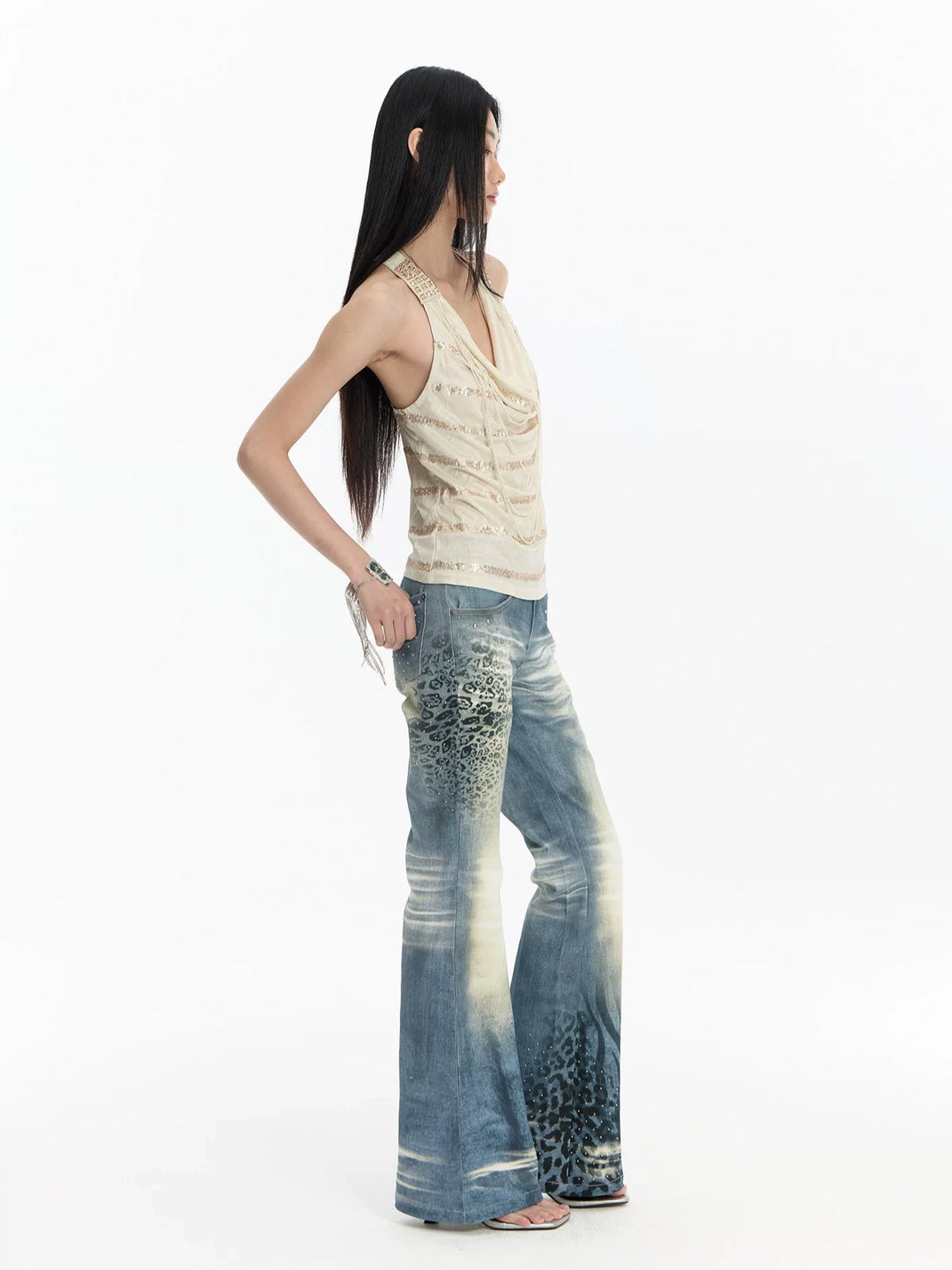 Animal Print Rhinestone Washed Flare Jeans - product view 6