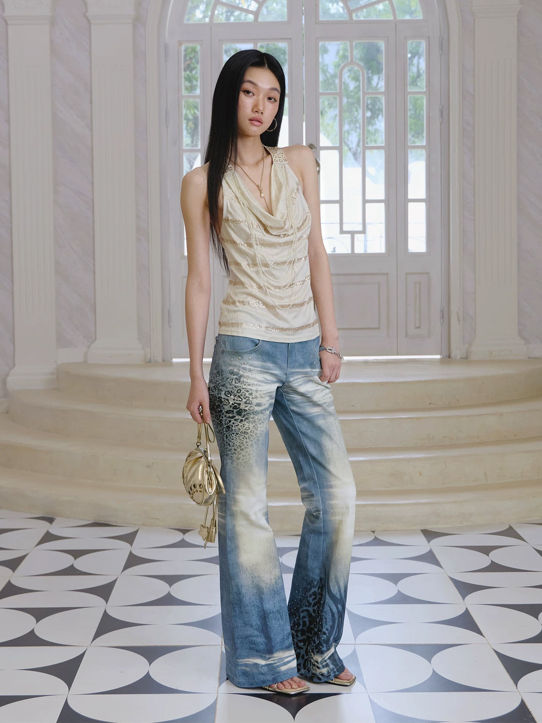 Animal Print Rhinestone Washed Flare Jeans - product view 7