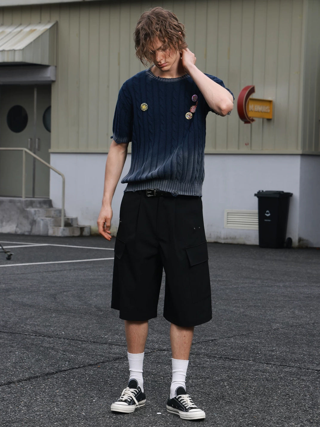 Indigo Fade Cable Knit Short Sleeve Sweater - product view 3