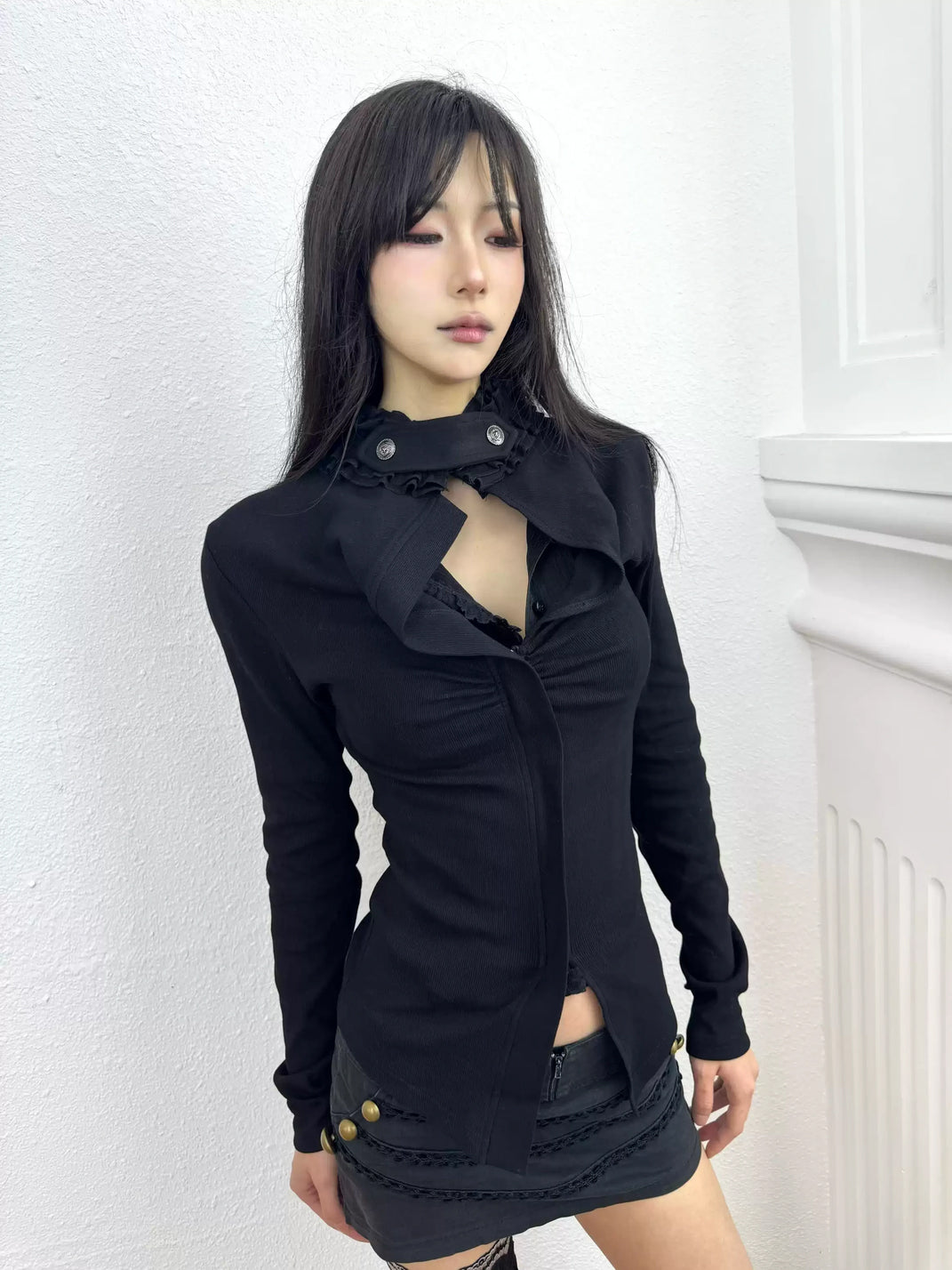 Ruffle-Collar Cutout Cropped Zip Jacket - view 1