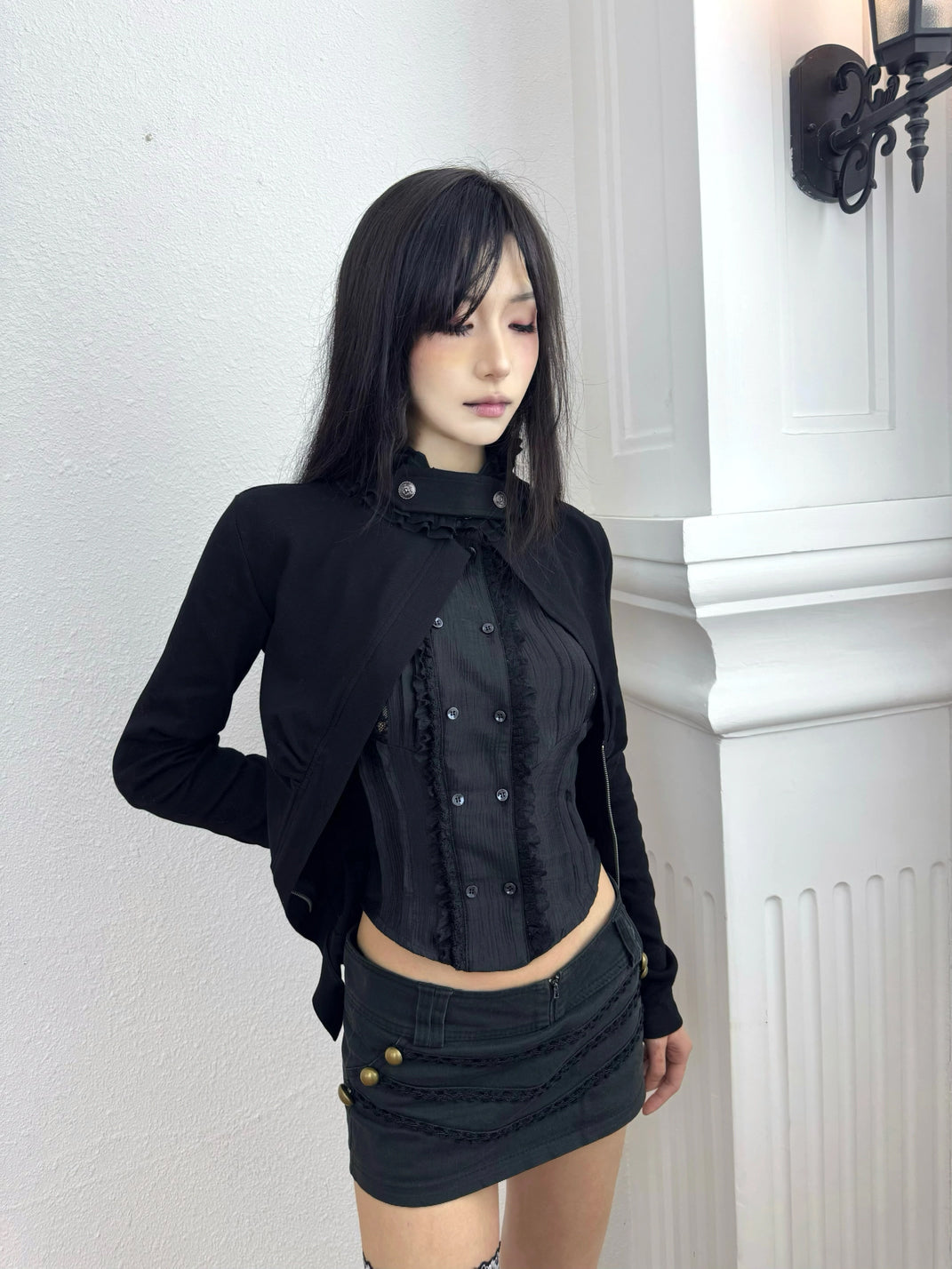 Ruffle-Collar Cutout Cropped Zip Jacket - view 3